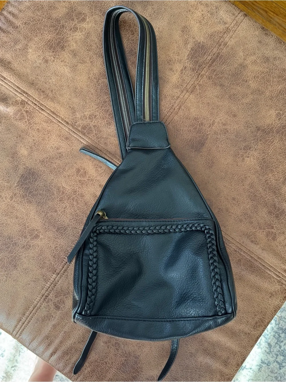 Vintage Black Faux Leather Convertible Backpack Purse | Braided Trim | Y2K Boho